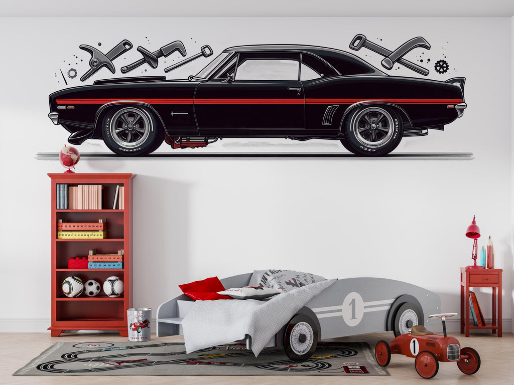 Black Muscle Car Wall Decal, Classic Car Garage Decor, Auto Repair Shop Wall Art, Vintage Car Decal, Automotive Shop Decor