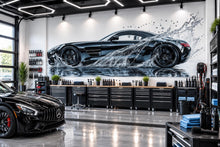 Load image into Gallery viewer, Car Detailing Wall Decal, Luxury Black Sports Car Wall Art, Water Splash Auto Detailing Shop Decor, Automotive Garage Decal