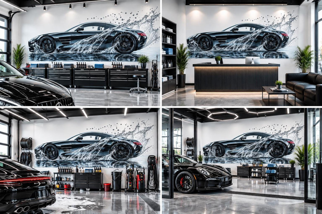 Car Detailing Wall Decal, Luxury Black Sports Car Wall Art, Water Splash Auto Detailing Shop Decor, Automotive Garage Decal