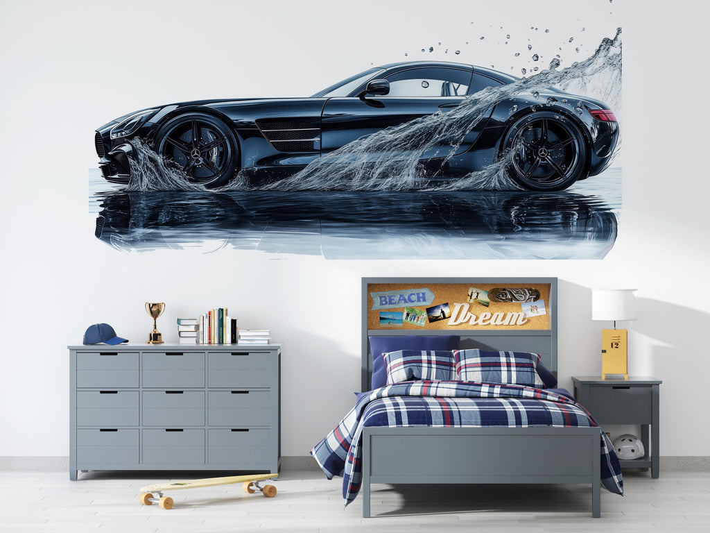 Car Detailing Wall Decal, Luxury Black Sports Car Wall Art, Water Splash Auto Detailing Shop Decor, Automotive Garage Decal
