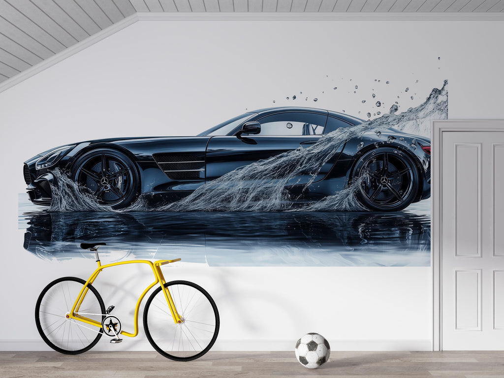 Car Detailing Wall Decal, Luxury Black Sports Car Wall Art, Water Splash Auto Detailing Shop Decor, Automotive Garage Decal