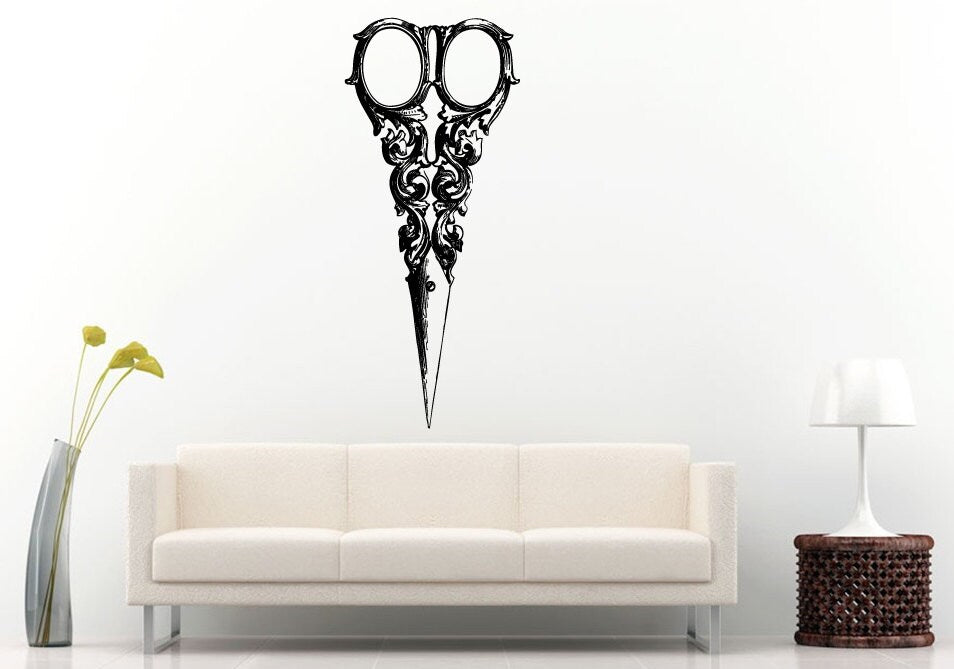 Hair Salon Barbershop Style Cutting Flower Scissors Tools Vintage Old Retro Wall Decal Vinyl Sticker Mural Room Decor L1302