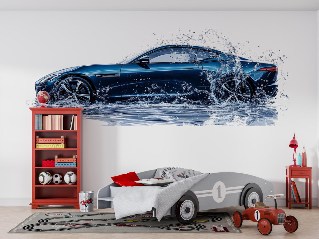 Car Detailing Wall Decal, Blue Sports Car Wall Art, Water Splash Auto Detailing Shop Decor, Luxury Automotive Garage Decal