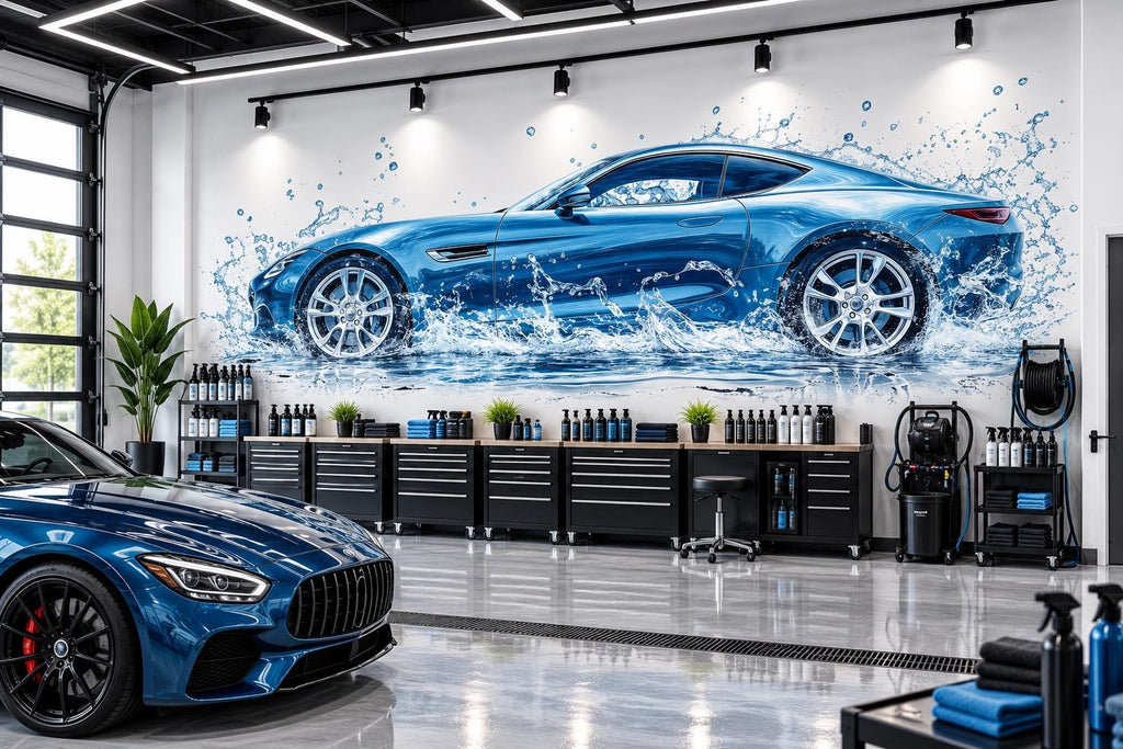 Car Detailing Wall Decal, Blue Sports Car Wall Art, Water Splash Garage Decor, Auto Detailing Shop Decal, Car Wash Wall Art