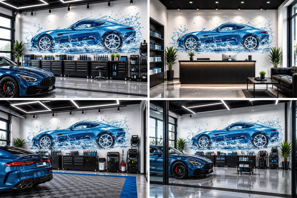 Car Detailing Wall Decal, Blue Sports Car Wall Art, Water Splash Garage Decor, Auto Detailing Shop Decal, Car Wash Wall Art