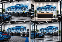 Load image into Gallery viewer, Car Detailing Wall Decal, Blue Sports Car Wall Art, Water Splash Garage Decor, Auto Detailing Shop Decal, Car Wash Wall Art
