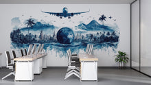 Load image into Gallery viewer, Travel Agency Wall Decal, Airplane World Map Wall Art, Travel Office Decor, Vacation Planner Wall Mural, Tourism Agency Decor