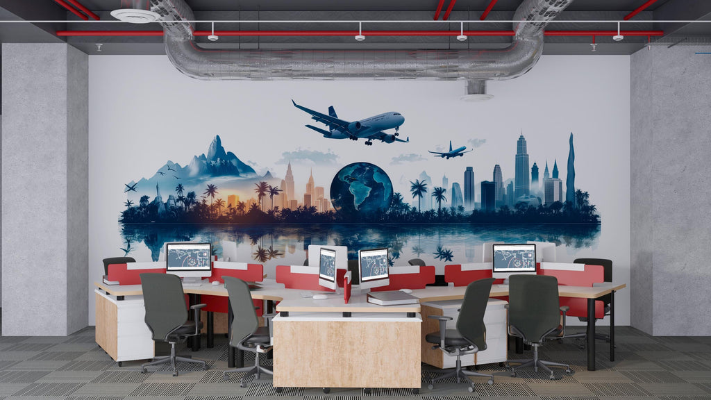 Travel Agency Wall Decal, World Travel Wall Art, Airplane City Skyline Mural, Tourism Office Decor, Vacation Planner Wall Decal