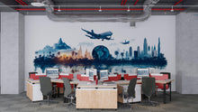 Load image into Gallery viewer, Travel Agency Wall Decal, World Travel Wall Art, Airplane City Skyline Mural, Tourism Office Decor, Vacation Planner Wall Decal