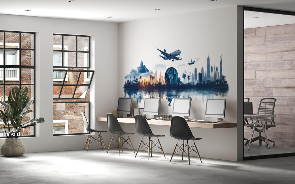 Travel Agency Wall Decal, World Travel Wall Art, Airplane City Skyline Mural, Tourism Office Decor, Vacation Planner Wall Decal