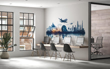Load image into Gallery viewer, Travel Agency Wall Decal, World Travel Wall Art, Airplane City Skyline Mural, Tourism Office Decor, Vacation Planner Wall Decal