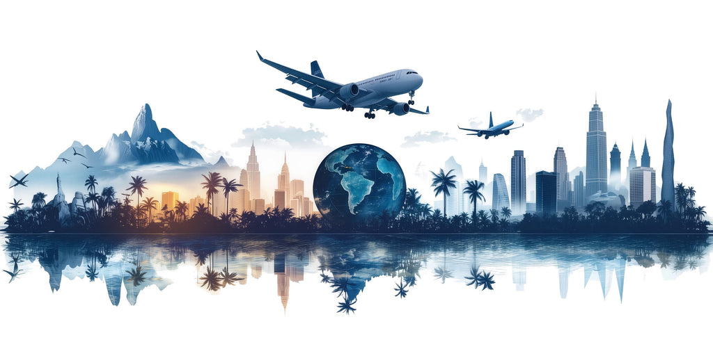 Travel Agency Wall Decal, World Travel Wall Art, Airplane City Skyline Mural, Tourism Office Decor, Vacation Planner Wall Decal