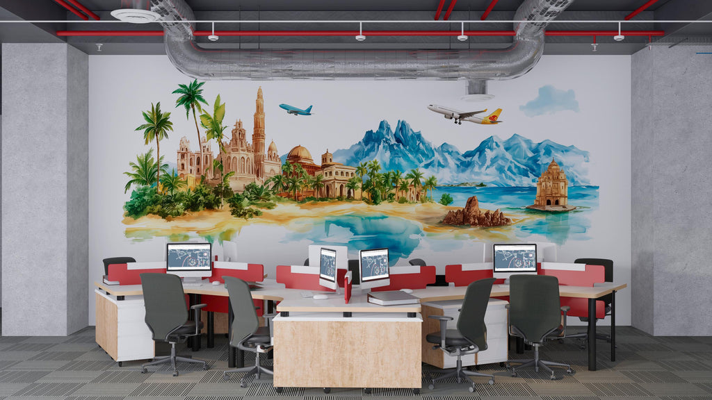 Travel Agency Wall Decal, Tropical World Travel Wall Art, Airplane Mountain Mural, Tourism Office Decor, Vacation Planner Decor