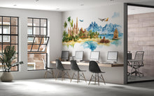 Load image into Gallery viewer, Travel Agency Wall Decal, Tropical World Travel Wall Art, Airplane Mountain Mural, Tourism Office Decor, Vacation Planner Decor