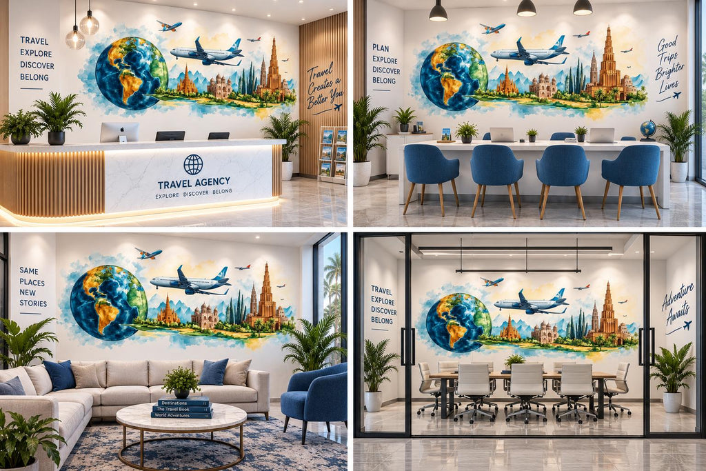 Travel Agency Wall Decal, World Globe Airplane Wall Art, Landmark Travel Mural, Tourism Office Decor, Travel Agent Wall Decor