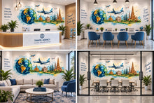 Load image into Gallery viewer, Travel Agency Wall Decal, World Globe Airplane Wall Art, Landmark Travel Mural, Tourism Office Decor, Travel Agent Wall Decor