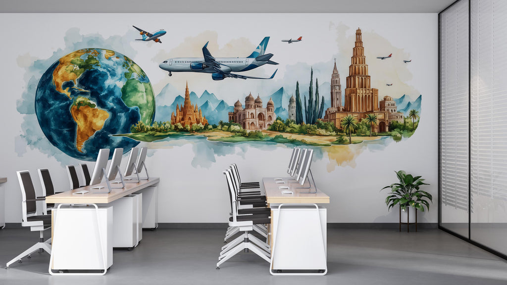 Travel Agency Wall Decal, World Globe Airplane Wall Art, Landmark Travel Mural, Tourism Office Decor, Travel Agent Wall Decor