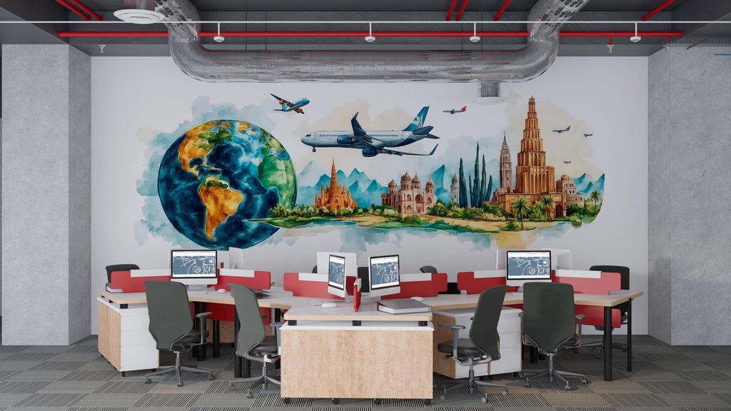Travel Agency Wall Decal, World Globe Airplane Wall Art, Landmark Travel Mural, Tourism Office Decor, Travel Agent Wall Decor