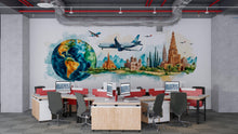Load image into Gallery viewer, Travel Agency Wall Decal, World Globe Airplane Wall Art, Landmark Travel Mural, Tourism Office Decor, Travel Agent Wall Decor