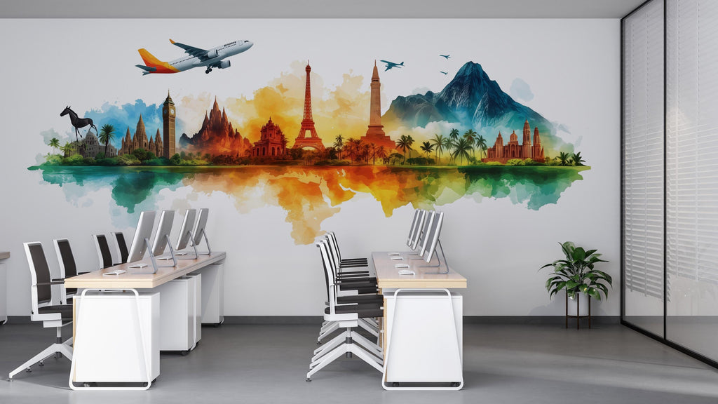 Travel Agency Wall Decal, Colorful World Landmark Wall Art, Airplane Mural, Travel Office Decor, Tourism Business Wall Graphic