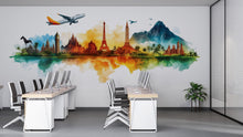 Load image into Gallery viewer, Travel Agency Wall Decal, Colorful World Landmark Wall Art, Airplane Mural, Travel Office Decor, Tourism Business Wall Graphic