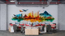 Load image into Gallery viewer, Travel Agency Wall Decal, Colorful World Landmark Wall Art, Airplane Mural, Travel Office Decor, Tourism Business Wall Graphic