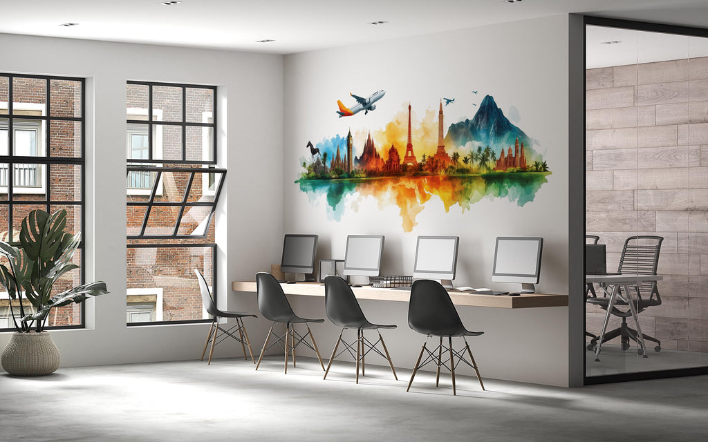 Travel Agency Wall Decal, Colorful World Landmark Wall Art, Airplane Mural, Travel Office Decor, Tourism Business Wall Graphic