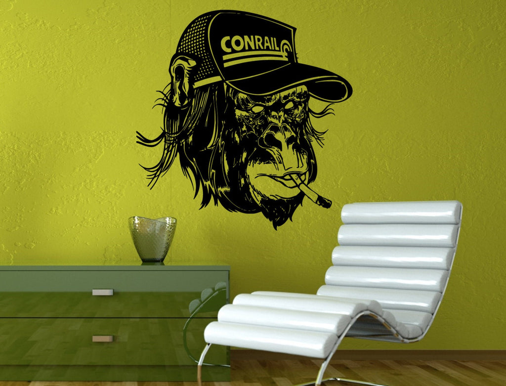 Monkey Gorilla Head In Baseball Trucker Cap Hat Smoking A Cigarette Wall Decal Vinyl Sticker Mural Room Decor L1337