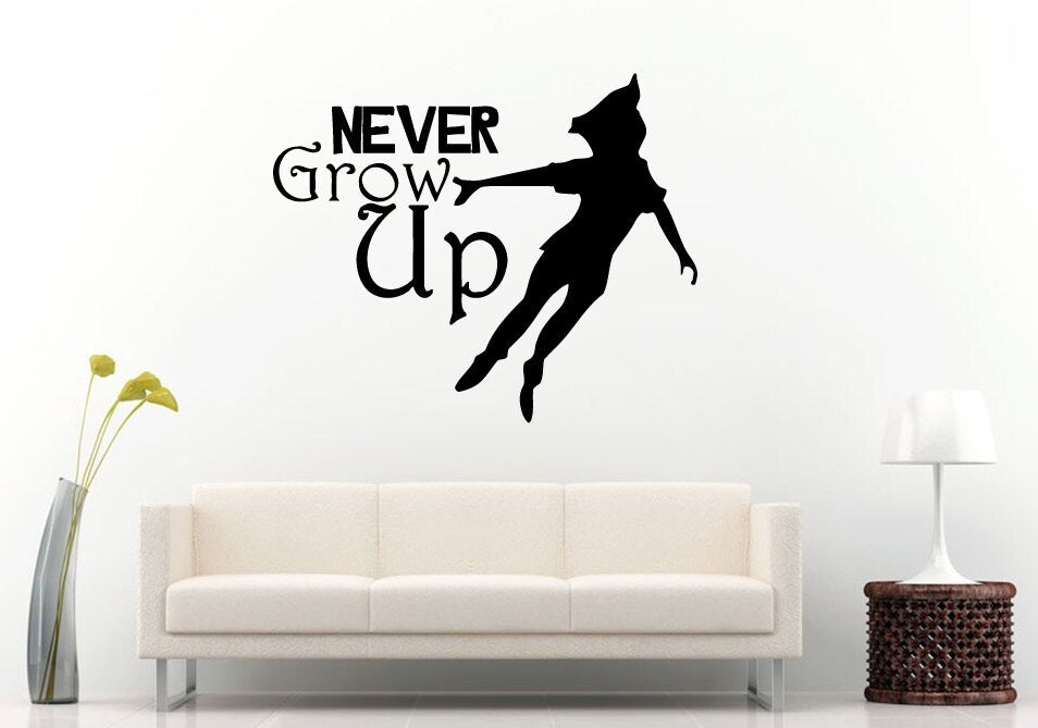 Pan Saying Quote "Never Grow Up" Vinyl Peal And Stick Removable Sticker Decal L1355