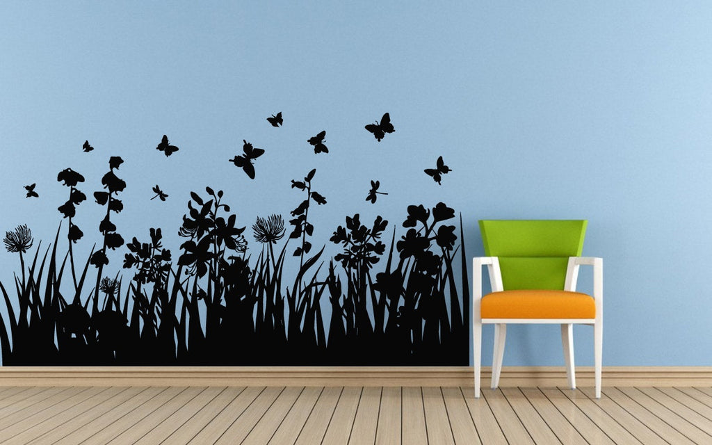 Grass Nature Floral Flowers And Butterfly's Woods Forest Wall Or Car  Vinyl Peal And Stick Removable Sticker Decal L1393
