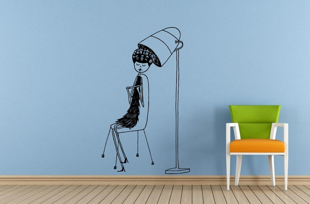 Hairdressing Hair Stylist Girl Woman Sitting Hair Dryer Salon Spa Window Or Wall Or Car Vinyl Peal And Stick Removable Sticker Decal L1458