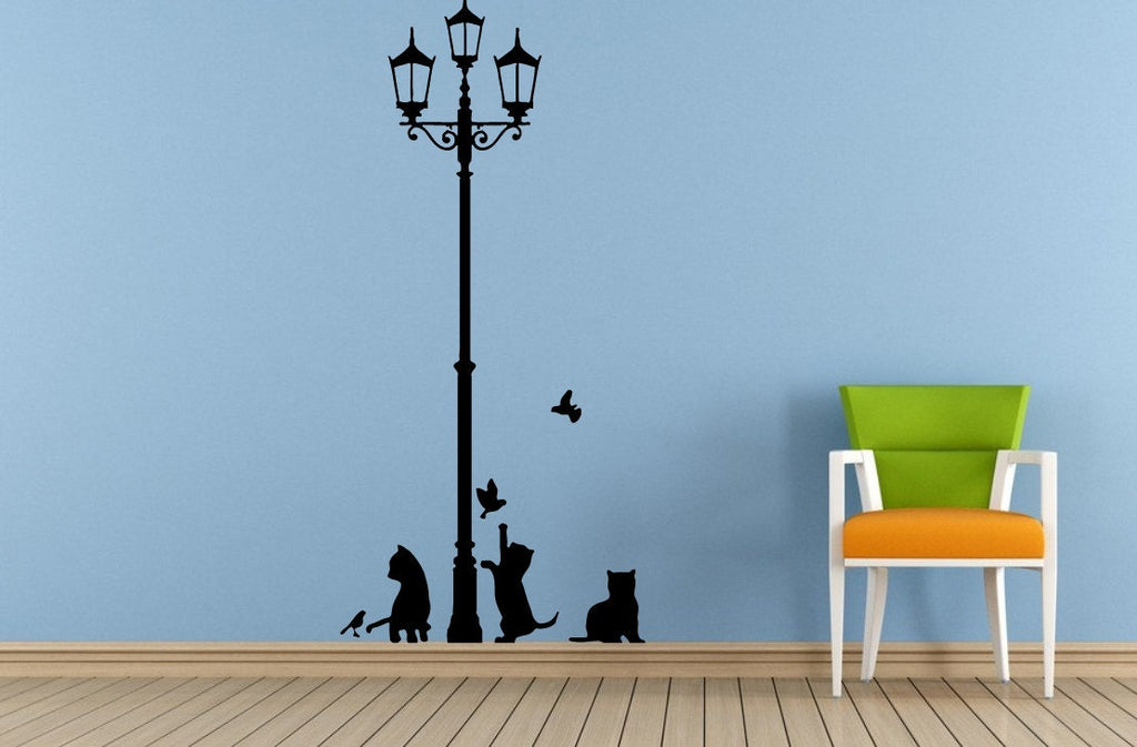 City Town Street Park Lamp Post Kitten Cats Old Antique Vintage Window Or Wall Or Car Vinyl Peal And Stick Removable Sticker Decal L1474