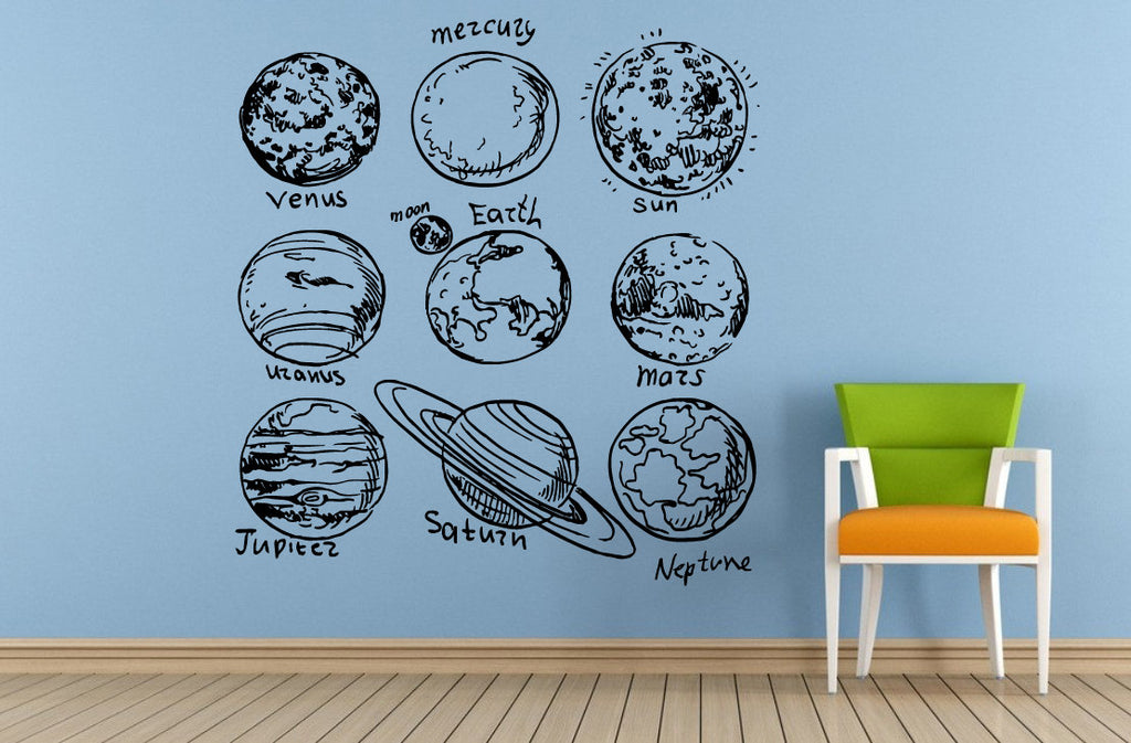 Space Solar System Planets Stars Earth Sun Moon Mars Venus Mercury Neptune Jupiter Wall Room Vinyl Mural Art Decor Decal Sticker L1645