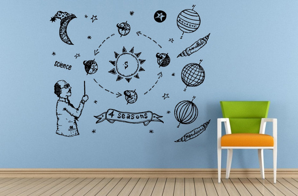 Space Solar System Planets Stars Satellites Seasons Professor Teaching Wall Room Vinyl Mural Art Decor Decal Sticker L1644