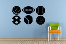 Load image into Gallery viewer, Set of Six Sport Balls Soccer Baseball Volleyball Tennis Football Basketball Wall Room Vinyl Mural Art Decor Decal Sticker L1660