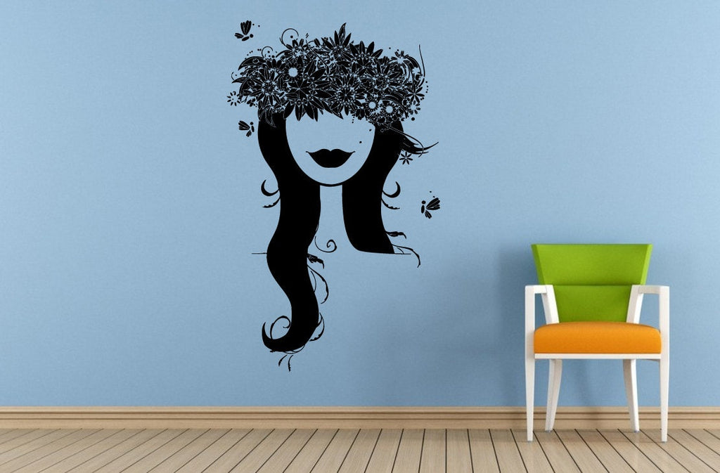 Woman Girl Flowers Butterfly's Hair Style Salon Barber Wall Room Vinyl Mural Art Decor Decal Sticker L1675