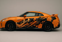 Load image into Gallery viewer, Orange Floral Car Wrap for Nissan GTR | Luxury Sport Car Vinyl Wrap | Artistic Side Graphics nv001 with Flowing Flower Design | Custom Performance Wrap Film
