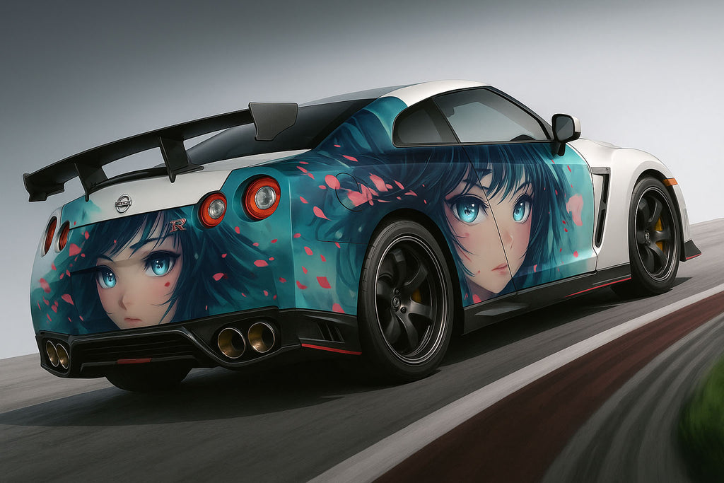 Anime Girl Car Wrap for Nissan GTR | Full-Color Japanese Art Vinyl Wrap | Custom Itasha Car Graphics | Gloss or Matte Film for Sports & Show Cars nv003