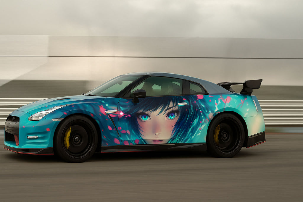 Anime Girl Car Wrap for Nissan GTR | Full-Color Japanese Art Vinyl Wrap | Custom Itasha Car Graphics | Gloss or Matte Film for Sports & Show Cars nv003