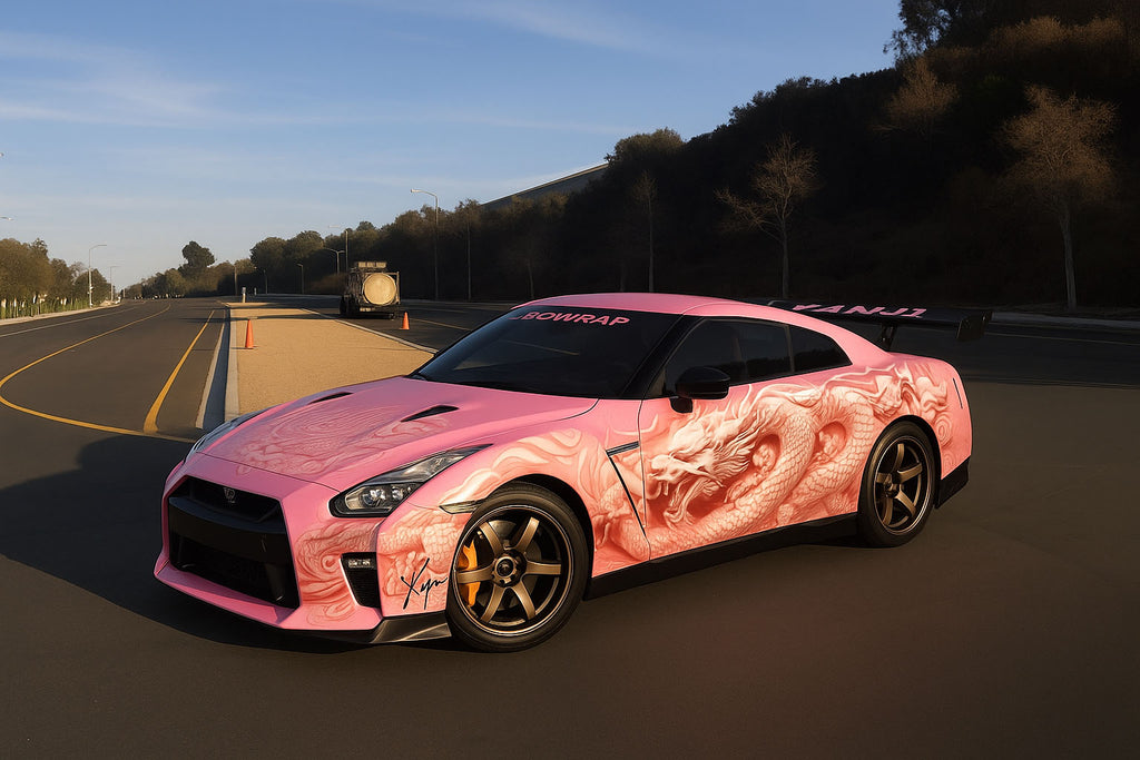 Pink Dragon Car Wrap for Nissan GTR | Japanese Mythology Vinyl Wrap | Custom Sport Car Wrap with White Dragon Design | Gloss or Matte Finish Film nv005
