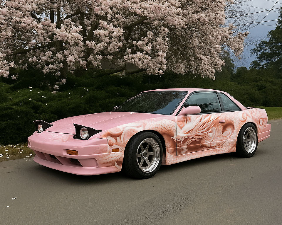 Pink Dragon Car Wrap for Nissan GTR | Japanese Mythology Vinyl Wrap | Custom Sport Car Wrap with White Dragon Design | Gloss or Matte Finish Film nv005