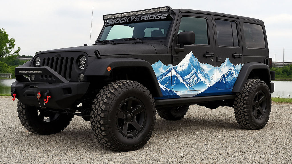 Mountain Landscape Car Wrap for Jeep Wrangler | Adventure Vinyl Wrap | Outdoor Off-Road Jeep Graphic | Blue Mountain Range Design | Durable Wrap Film nv006