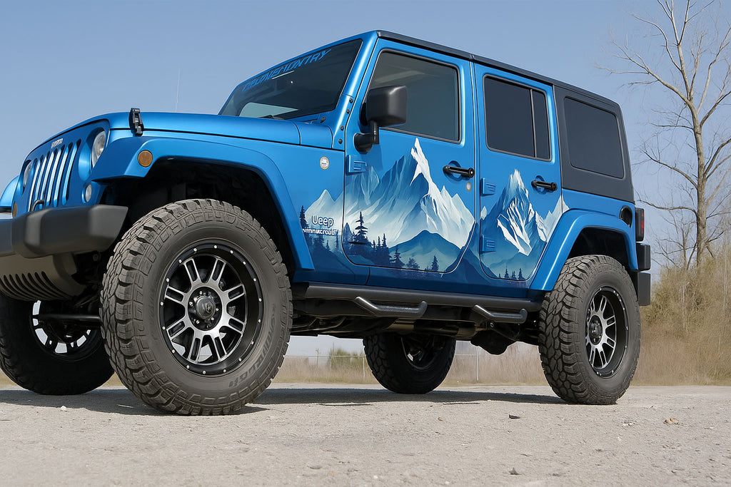Blue Mountain Landscape Car Wrap for Jeep Wrangler | Outdoor Adventure Vinyl Wrap | Scenic Off-Road 4x4 Wrap Design | Gloss or Matte Finish Vinyl Film nv008