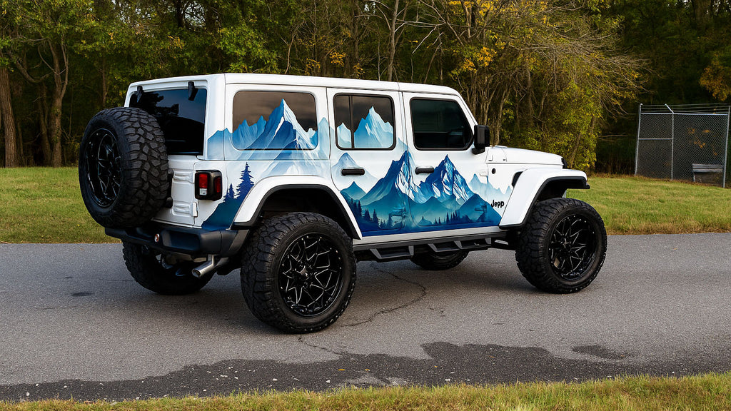Blue Mountain Landscape Car Wrap for Jeep Wrangler | Outdoor Adventure Vinyl Wrap | Scenic Off-Road 4x4 Wrap Design | Gloss or Matte Finish Vinyl Film nv008