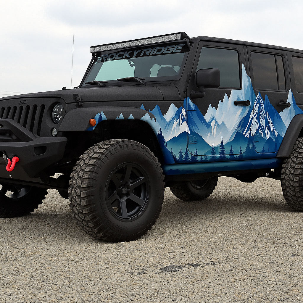 Blue Mountain Landscape Car Wrap for Jeep Wrangler | Outdoor Adventure Vinyl Wrap | Scenic Off-Road 4x4 Wrap Design | Gloss or Matte Finish Vinyl Film nv008