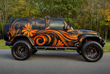 Load image into Gallery viewer, Orange Floral Swirl Car Wrap – Full-Color Jeep SUV Vinyl Wrap | Custom Vehicle Graphics | Durable Removable Outdoor Art Wrap | Stickalz Design nv012