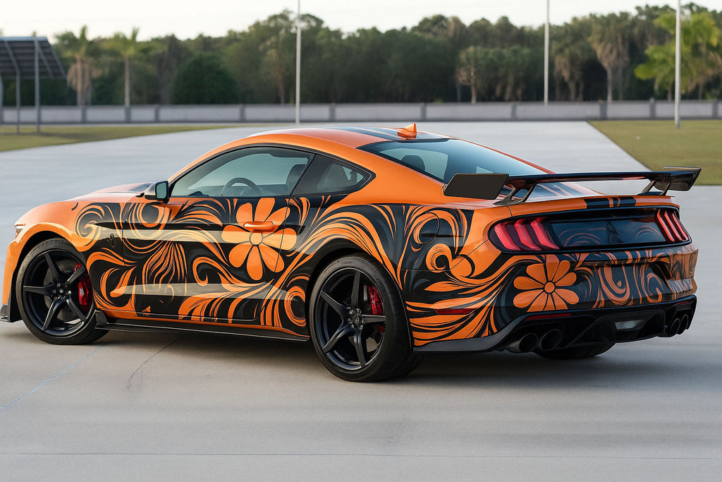 Orange Floral Swirl Car Wrap – Full-Color Jeep SUV Vinyl Wrap | Custom Vehicle Graphics | Durable Removable Outdoor Art Wrap | Stickalz Design nv012