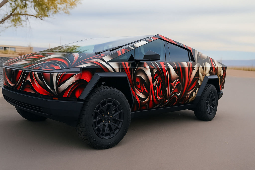Red Metallic Abstract Car Wrap – Tesla Cybertruck Full-Body Vinyl Wrap | Luxury Vehicle Graphics | Custom 3D Chrome-Effect Wrap by Stickalz nv013