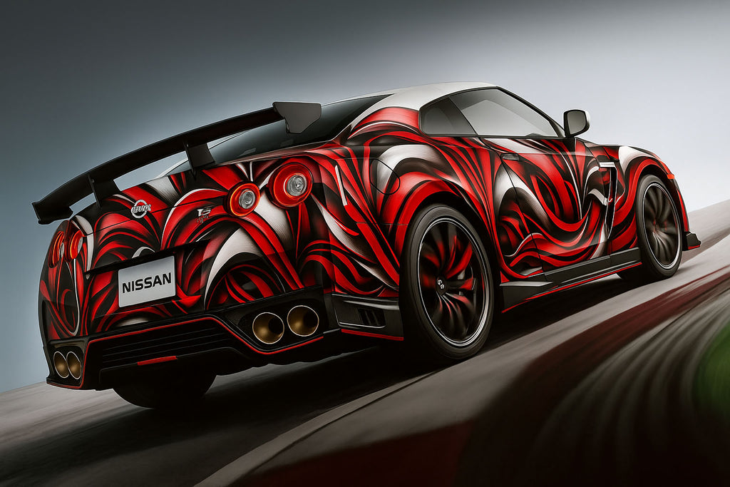 Red Metallic Abstract Car Wrap – Tesla Cybertruck Full-Body Vinyl Wrap | Luxury Vehicle Graphics | Custom 3D Chrome-Effect Wrap by Stickalz nv013