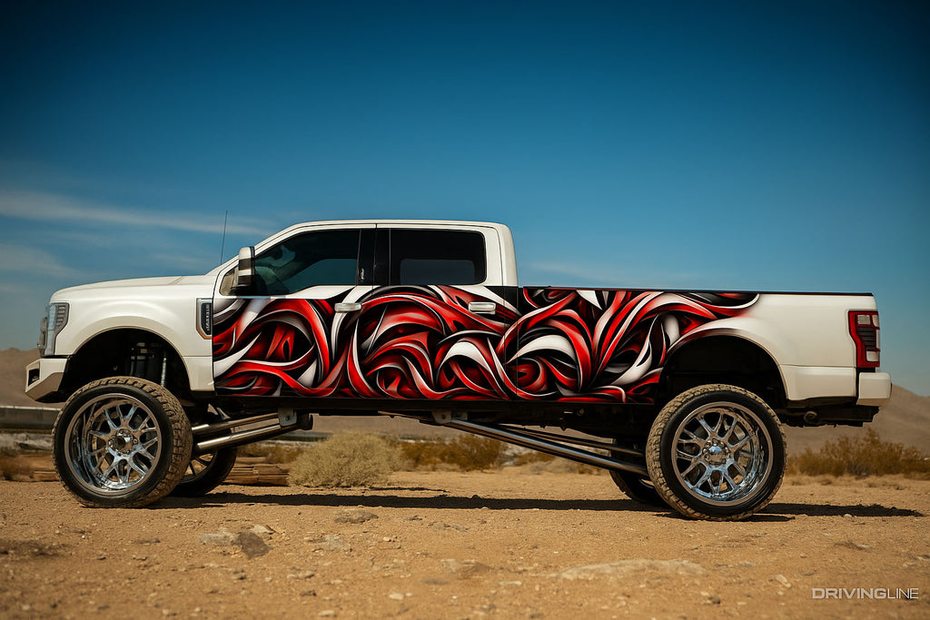 Red Metallic Abstract Car Wrap – Tesla Cybertruck Full-Body Vinyl Wrap | Luxury Vehicle Graphics | Custom 3D Chrome-Effect Wrap by Stickalz nv013